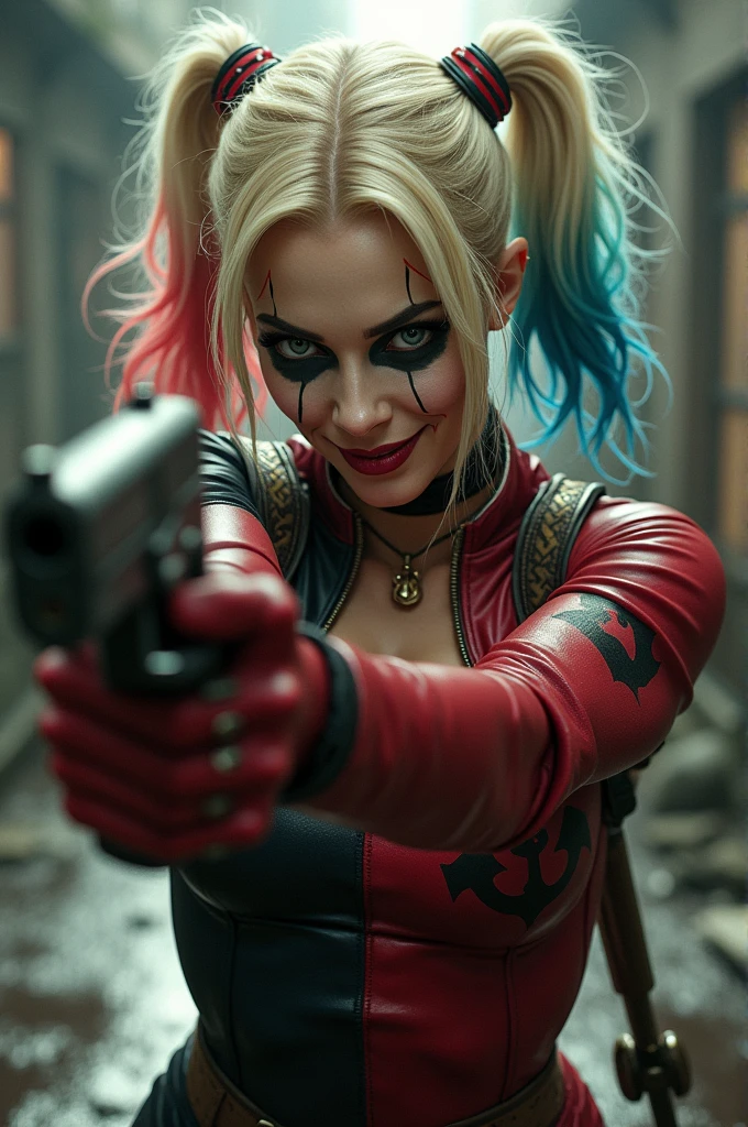 Harley Quinn wearing the Birds of Prey movie costume, holding a gun, firing a shot, looking forward, smiling, with a baton on her back.