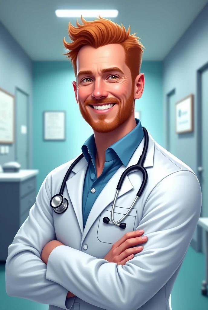 Create a man with short red hair, appearing to be 42 years old and being a doctor