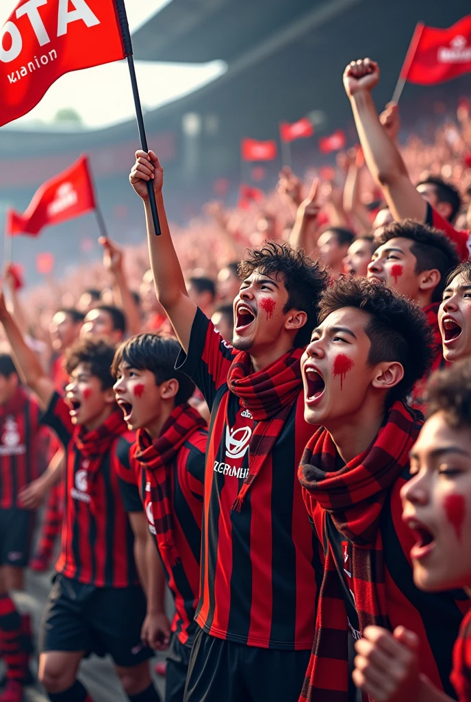 soccer fans of a team called mota, red and black