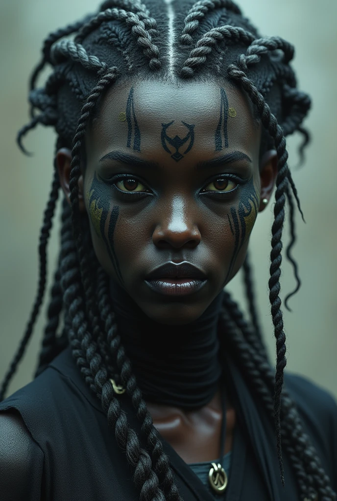 un gros plan d'une femme avec des tatouages sur le visage, elfe noir, Fractalpunk, cheveux complexes tressés, portrait de peinture mate, Belle femme androïde, peau noire, elle est vêtue de vêtements de chaman, visage tatoué, cryptopunk, maquillage épais