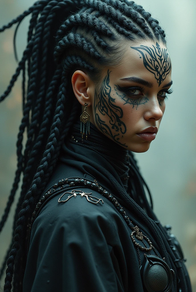 un gros plan d&#39;une femme avec des tatouages sur le visage, elfe noir, Fractalpunk, cheveux complexes tressés, portrait de peinture mate, Belle femme androïde, peau noire, elle est vêtue de vêtements de chaman, visage tatoué, cryptopunk, maquillage épais