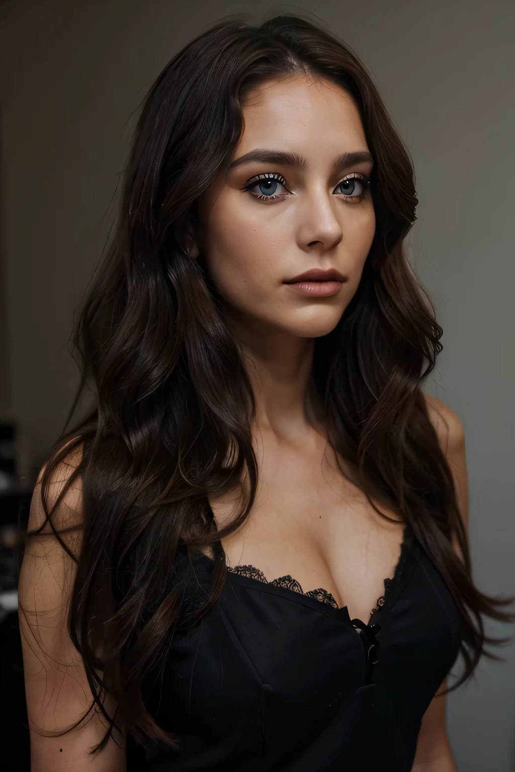 29 year old woman, long brown slightly curly hair, blue eye, visage parfait, professional makeup like model, C et portant un haut noir