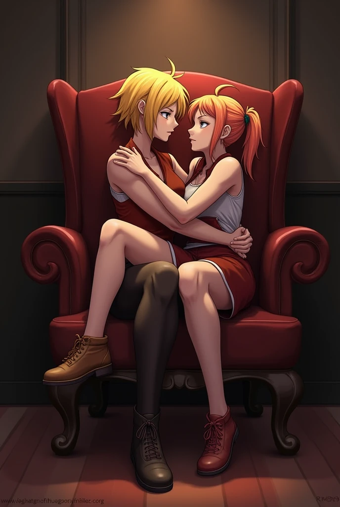 Yang Xiao Long from RWBY in the RWBY series art style letting Ruby Rose (despite Ruby being a head shorter) straddle her lap and kissing her intensely in a chair