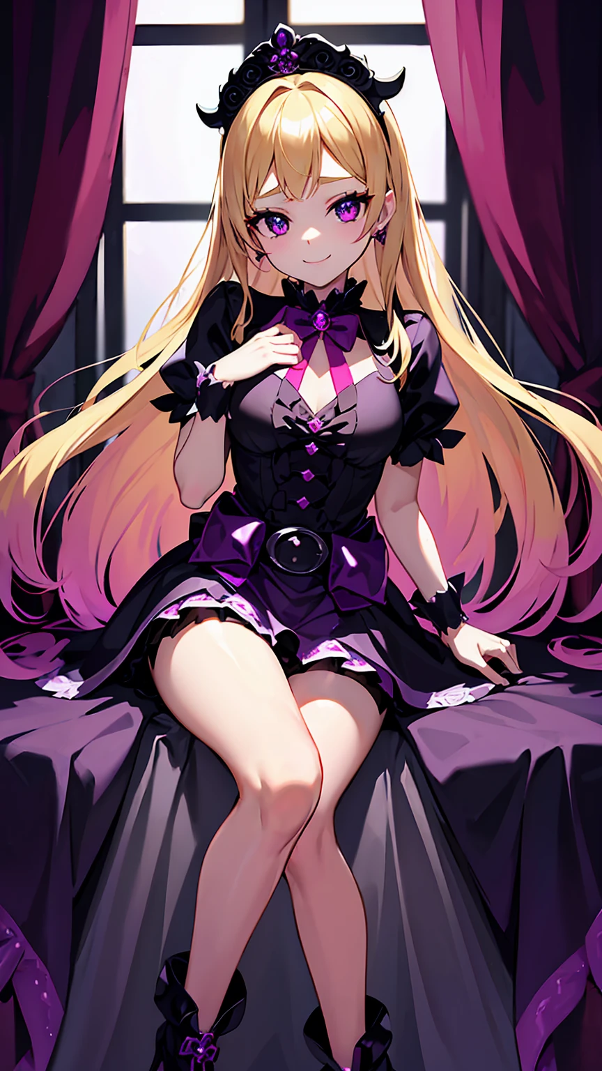 Best Quality、Super detailed、1 Girl、solo、Cure Flora、（Blonde Hair）、Black ruffled skirt、black tiara、Wrist Cuffs、Purple Shorts、Black Dress、boots、Medium Breasted、Twilight Belt、ブラックエナメルboots、Wicked Smile、（Shiny Fabric：1.5）、Full Body Shot、Purple Gem、Seductive pose、Brush、Demon Tail、（Beautiful detailed eyes：1.6）、Highly detailed face、Perfect lighting、Highly detailed CG、（Perfect hands、Perfect Anatomy）、devil tail、Red and black color scheme、Shiny material、smile、black ribbons、Black Satin Gloves、Batwing Ornament、Black Frill、jewelry、corruption、Latex Shine、Black Gothic Cloak、Velvet curtain in the background、Black Rose Ornament、Purple Mesh