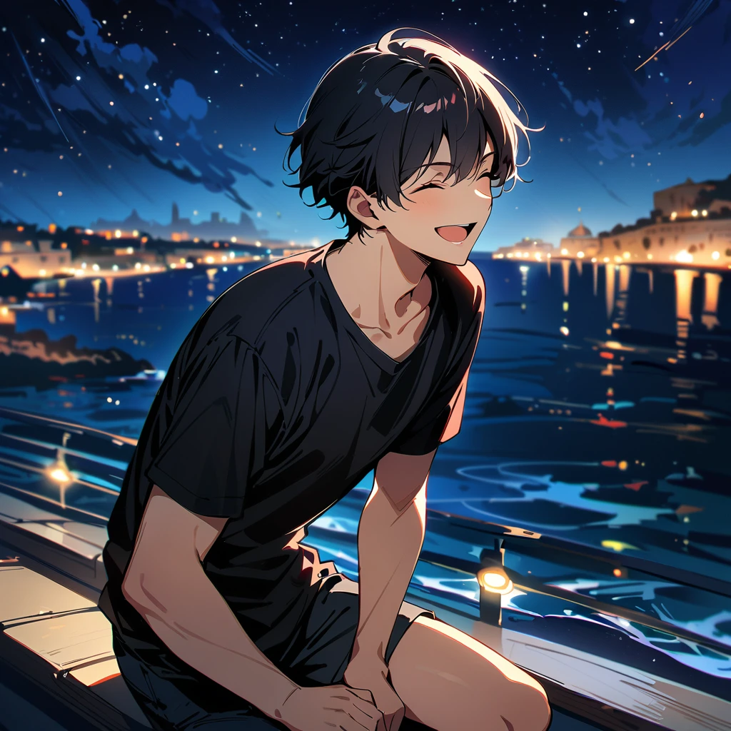 (masterpiece, best quality:1.2),1man, (solo), black, short hair, close eyes, magnificent view, blur background, 8K, collarbone, sky, stars, night, smile, open mouth, Malta, sea, black T-shirt, short pants, Japanese man,