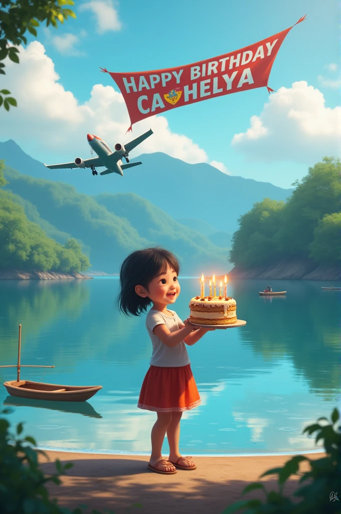 "A young girl is standing at the edge of Lake Toba in Indonesia, holding a birthday cake with lit candles. The serene lake stretches out behind her, with lush green hills and small boats dotting the water. Above the scene, a plane is flying across the sky, trailing a large banner that reads 'HAPPY BIRTHDAY CATHELYA'. The atmosphere is festive, with the natural beauty of Lake Toba providing a stunning backdrop."
