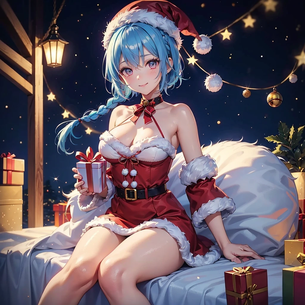(Sky blue hair),(Braided short hair), (Pink Eyes),Fair skin) ,(whole body),(One Girl),(Gift boxes filling the background),(Santa Claus clothes),(Cute smile),Santa Claus hat,(Christmas Party),(masterpiece, Highest quality, Very detailed, Best Shadow), (Detailed Background), (Beautifully detailed face), High Contrast, (Best lighting, Very delicate and beautiful), ((Cinematic Light)), Hyper Detail,8k, Dramatic Light, Intricate details,night,Christmas tree