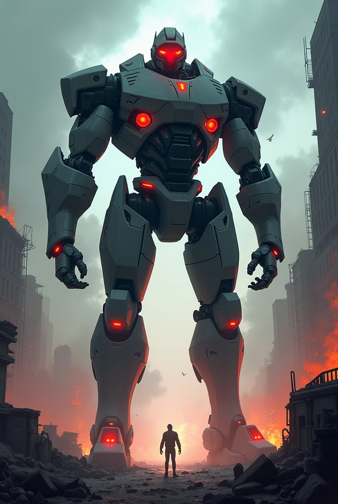 Evil robot that possesses self-awareness and wishes for the extinction of human heroes to be the only hope they can trust in. Generates the image in 2D animation similar to What If or Invincible