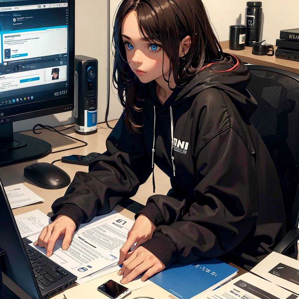 A woman, with brown hair, with a black hoodie, sitting near a desk, concentrated look, with the computer, messy room, dark