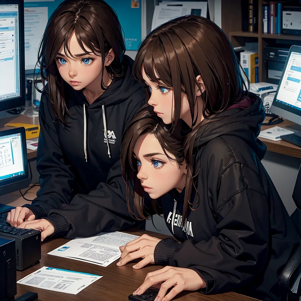 A woman, with brown hair, with a black hoodie, sitting near a desk, concentrated look, with the computer, messy room, dark