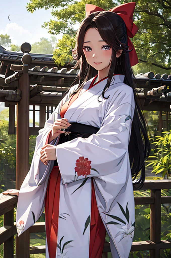 an animated image of an asian girls wearing a kimono and bamboo trees with an astro background, bamboo, 1girl, fujiwara no mokou, solo, long hair, japanese clothes, moon, red pants, blue eyes, full moon, night, bangs, sash, kimono, bamboo forest, wide sleeves, white kimono, long sleeves, sky, white hair, looking at viewer, outdoors, bow, obi, hair bow