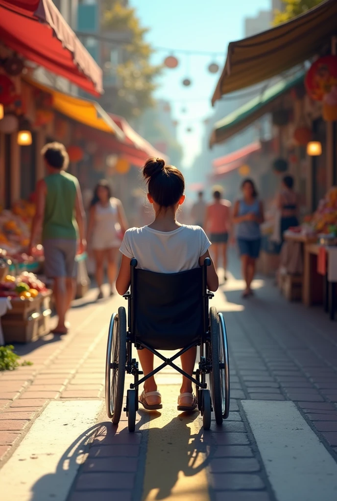 A wheelchair woman user on the sidewalk of a street market needs to cross the sidewalk towards the access ramp.
