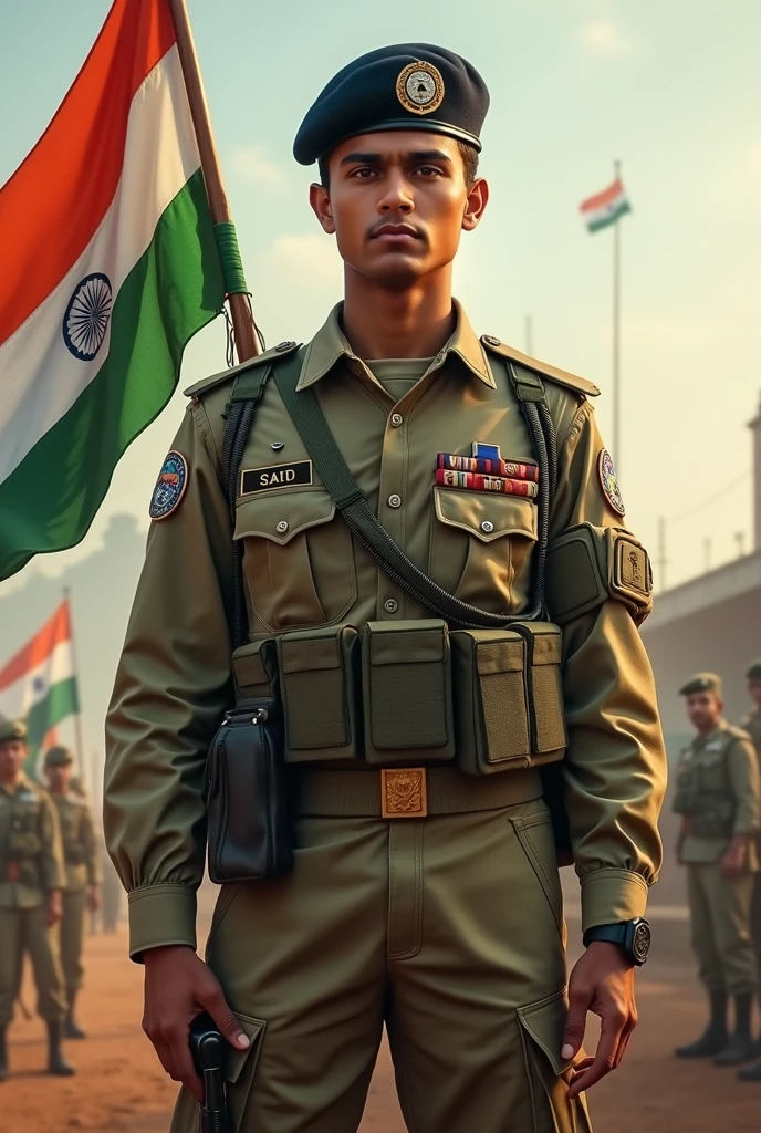  A smart 20 years young fauji of indian army name Raushan kumar singh with flag on hand 