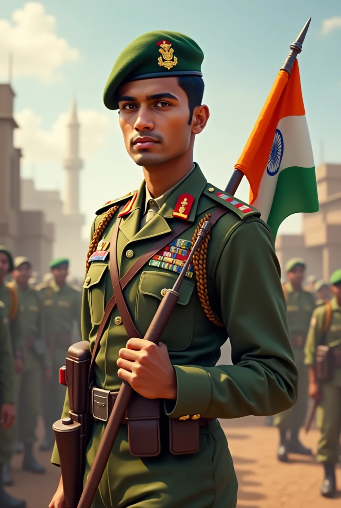 Create a 3d, illustration,A man in Indian Army uniform,he was selutied a flag ,his name write on his shirt in capital letters ANURAG