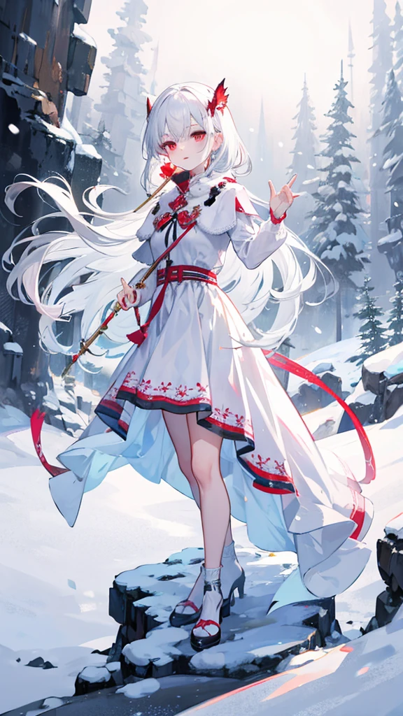 8K,masterpiece,perfect face, bright coloured,detailed,best quality,girl,white hair,long hair,red eyes,beautiful eyes,wearing a white dress,holding a flute,standing on top of a snow mountain,in a snowstorm while playing the flute