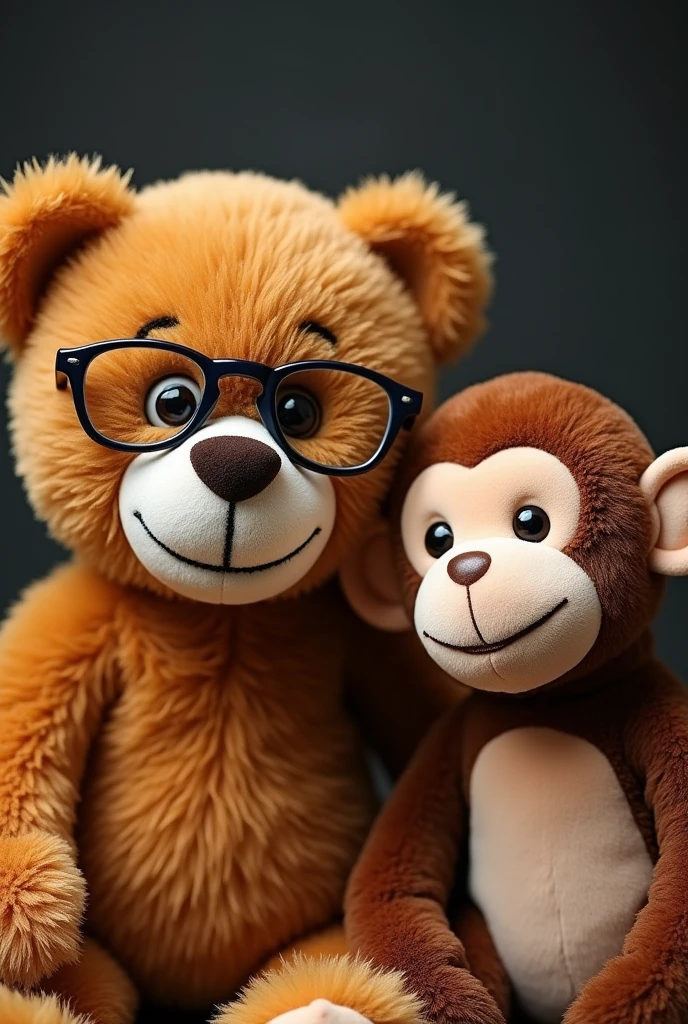A teddy bear wearing glasses and a smiling stuffed monkey are side by side、Monkeys have very small eyes.