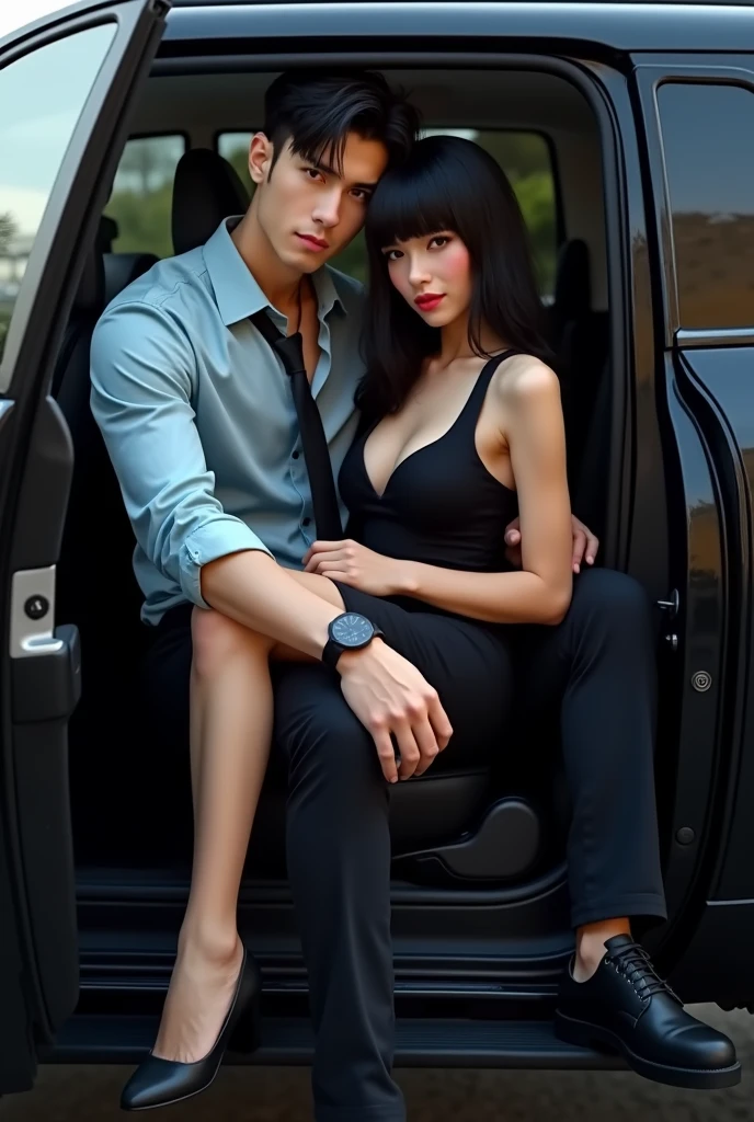 A man with fair skin without beard and skinny body fit with light blue satin shirt  and  black pent. having beautiful black hairstyle of wolf cut. he wearing black tie and black watch.also wearing black shoes. sitting on black fortuner car posing full body image. and a women sitting on his thigh and wearing black one piece dress with sexy body skinny with black hair.
