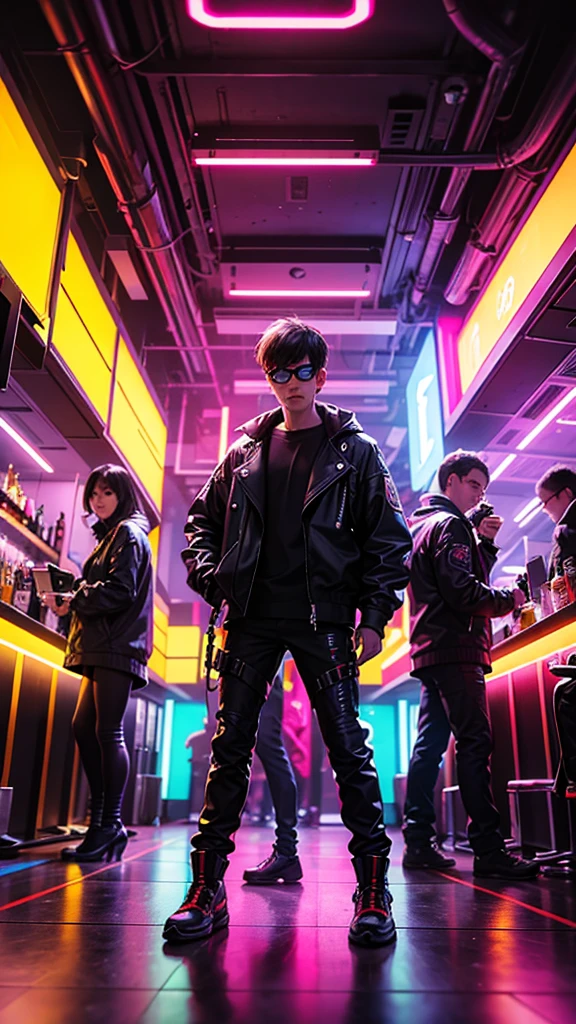 A drunken cyberpunk monkey, with a neon colored leather jacket, shiny lens glasses, and cybernetic implants in his body. He sat in a futuristic bar full of neon lights and holograms, with a bottle of sparkling drink in hand, In the background, A cyberpunk city scene is seen with tall buildings and advanced technology lit up at night.."