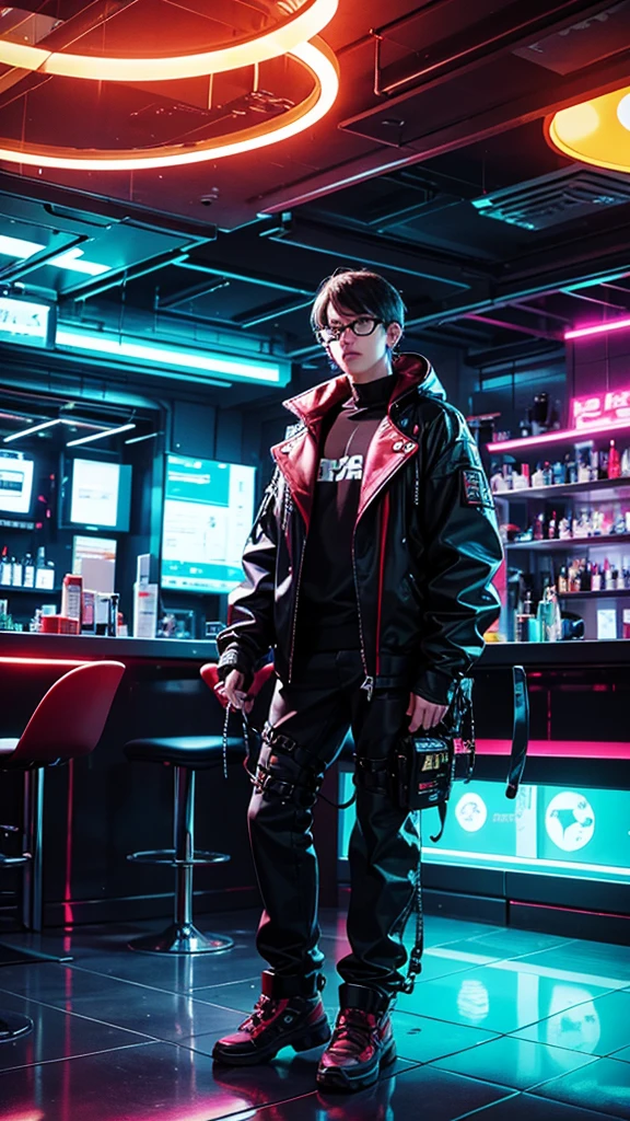 A drunken cyberpunk monkey, with a neon colored leather jacket, shiny lens glasses, and cybernetic implants in his body. He sat in a futuristic bar full of neon lights and holograms, with a bottle of sparkling drink in hand, In the background, A cyberpunk city scene is seen with tall buildings and advanced technology lit up at night.."



