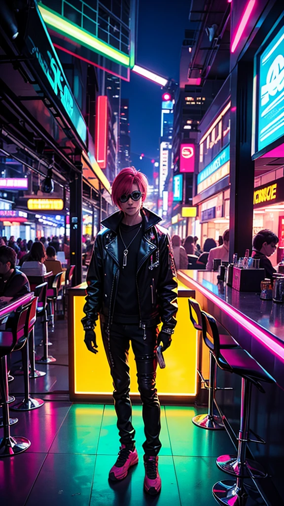 A drunken cyberpunk monkey, with a neon colored leather jacket, shiny lens glasses, and cybernetic implants in his body. He sat in a futuristic bar full of neon lights and holograms, with a bottle of sparkling drink in hand, In the background, A cyberpunk city scene is seen with tall buildings and advanced technology lit up at night.."



