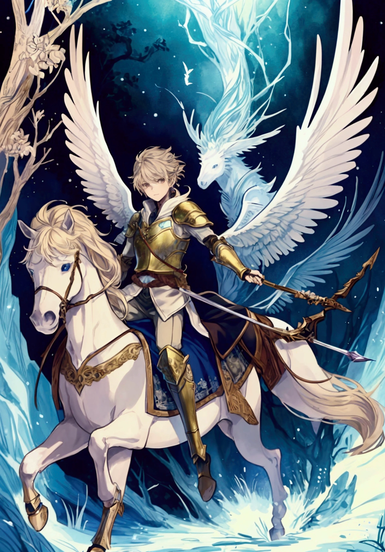(Masterpiece), ((Highest Quality)),(Official Art),whimsical fantasy:1.2),(1 solo anime boy: 1.3). A fierce androgynous warrior with braided long blonde hair, brown eyes, and white angel wings, holding a lance. He wears armor and rides a white winged horse (pegasus). Detailed picture. Detailed eyes. Masculine jaws. Full body. Soft fairytale picture book Arthur Rackham. Colorful, best detailed ((super detailed)), (highly detailed 2D anime boy illustration), ((whimsical and beautiful))