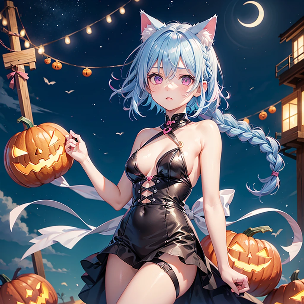 (Sky blue hair),(Braided short hair), (Pink Eyes),Fair skin) ,(whole body),(One Girl),(Crescent Moon),(There are lots of pumpkin ghosts in the background),Cat ear,Cat&#39;s Tail,(Sailor suit),(Ahegao),(Fall into Darkness),If you don't give me sweets, I'll play a prank on you.),Halloween Night Party),(masterpiece, Highest quality, Very detailed, Best Shadow), (Detailed Background), (Beautifully detailed face), High Contrast, (Best lighting, Very delicate and beautiful), ((Cinematic Light)), Hyper Detail,8k, Dramatic Light, Intricate details,night,(Bats flying in the background),Pumpkin handbag,There are sweets in the bag,High quality