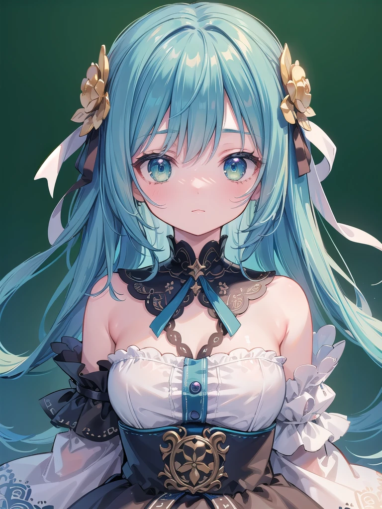 (masterpiece, Best quality, Very detailed CG, Intricate details: 1.2), 8k wallpaper, masterpiece, Best quality, Super Detail,Textured Skin, Very cute face,Ultra HD, Anatomically correct,Blue Hair,Green eyes,Loli,Character Design,Half-length figure,Simple background