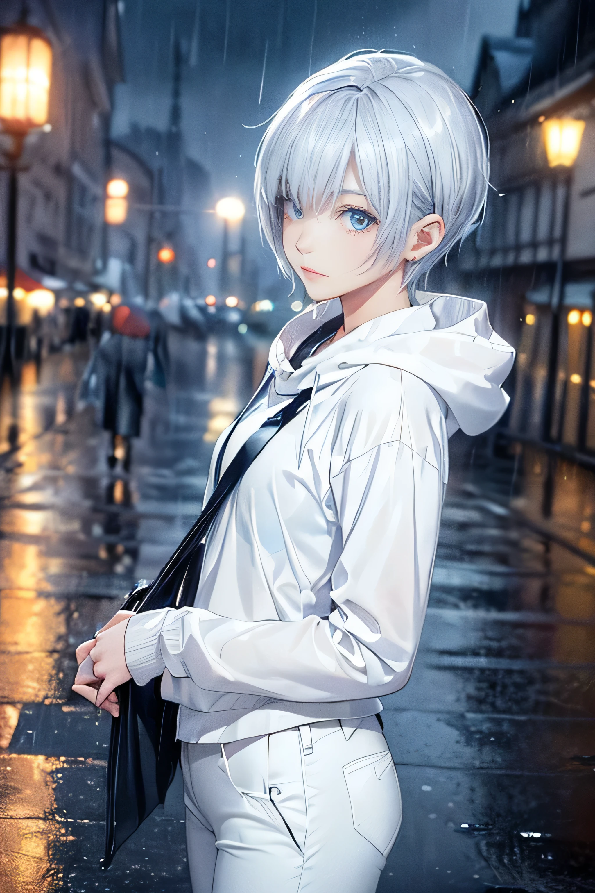 ((4K Works))、masterpiece、(Highest quality)、One beautiful girl、The body is slim、expensive、((Black Y-shirt and white pants、Charming street style))、Please put on a jacket.、Wearing a hood to hide his face、(Beautiful eyes in every detail)、Morning City、((Rainy Town))、Fashionable city with morning rain、During a walk、((Face similar to Carly Rae Jepsen))、((short-haired gray hair))、((Makes your face smaller))、((Neutral face))、((Bright Blue Eyes))、((American adult women))、((Adult female, 26 years old))、((Cool woman))、((Like a celebrity))、((A lonely look))、((Korean Makeup))、((elongated and sharp eyes))、((Happy Date))、((boyish))、((Upper body photo shoot))、Professional photos、((Model Photo))、((Shot alone))、((She is under the roof))、((Look up at the sky))、((Shooting from behind))、((She is looking upwards))、((Her eyes are looking up))、((Increase the angle of the face))、((She is walking in front of the viewer))