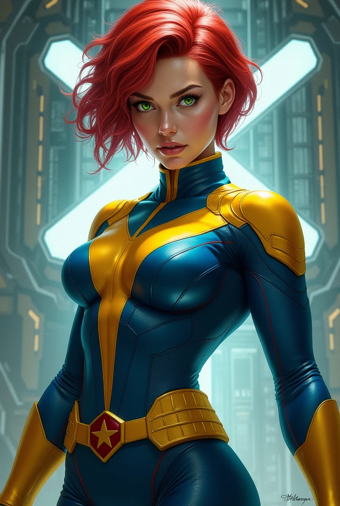 a woman with short hair and green eyes, with xmen uniform 