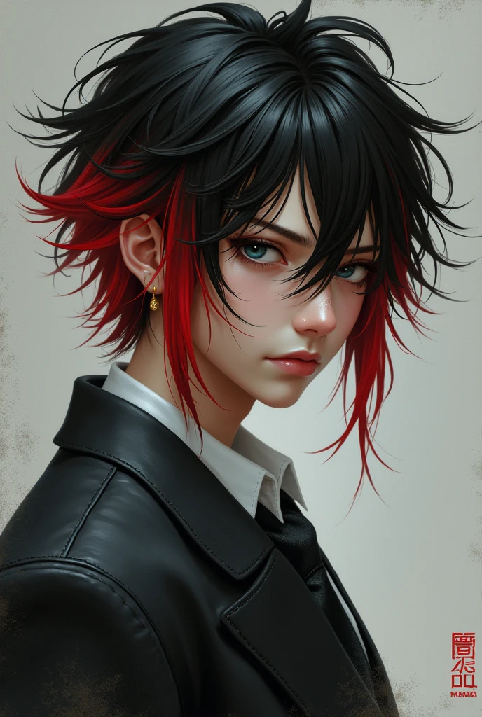 A boy, that has red and long hair,it's black,he has a piercing in his eyebrow, he has small eyes,and wears a school uniform