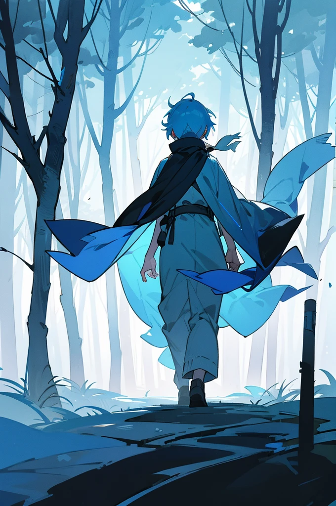 Walking through a forest shrouded in white mist、With short, sky-blue hair and holding a lantern、The back of a boy wearing a black scarf