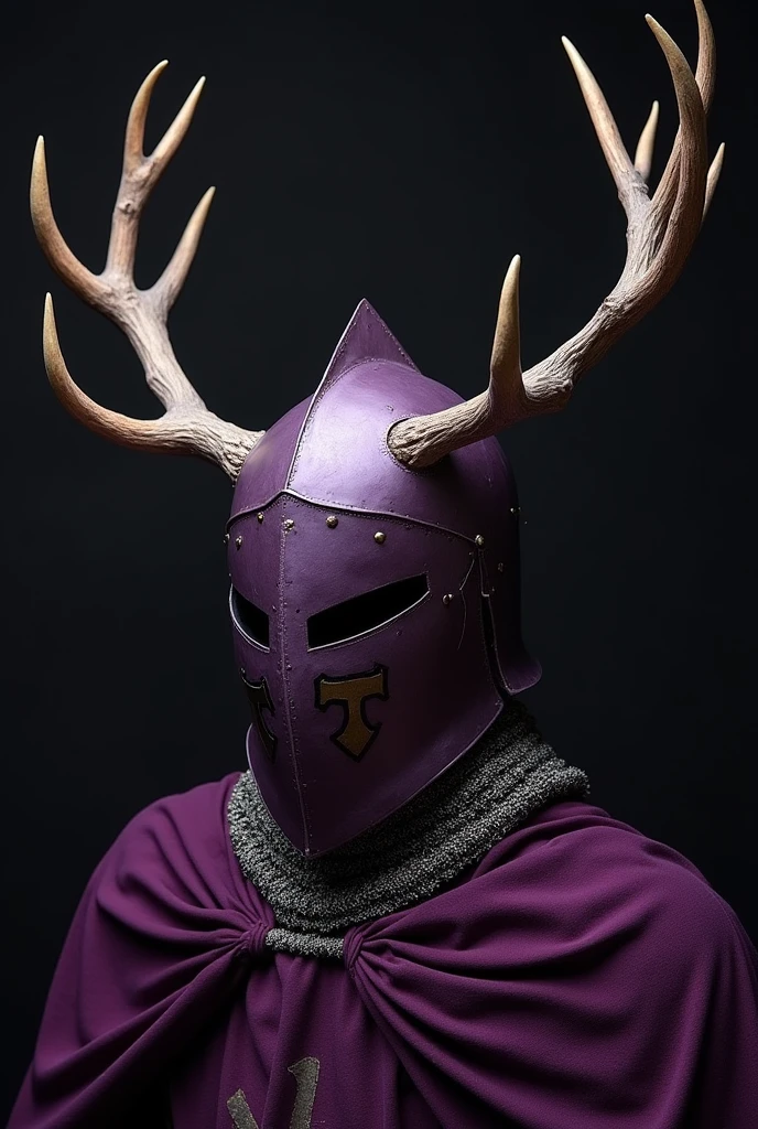 Templar knight helmet with deer antlers on the sides, dark purple color