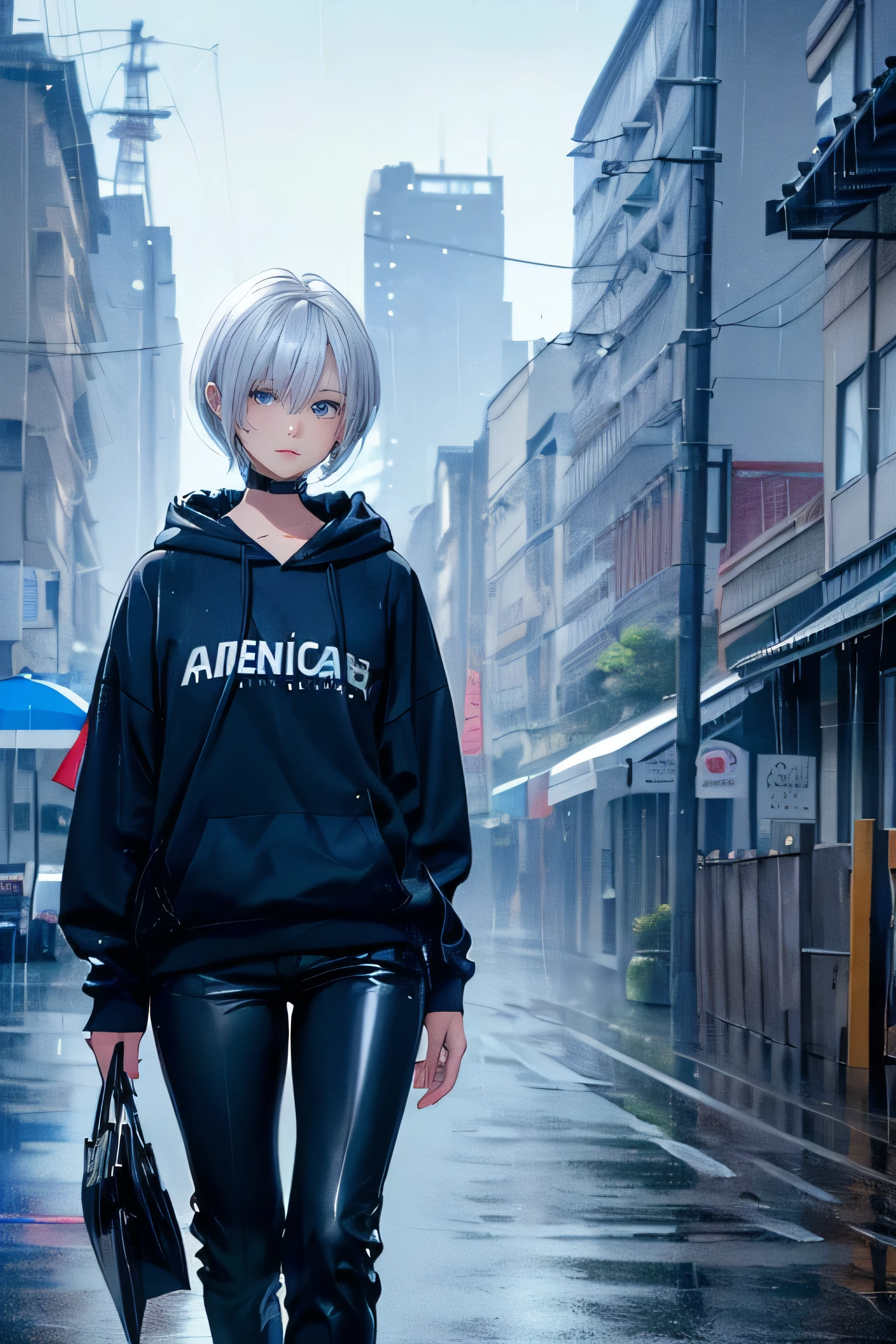 ((4K Works))、masterpiece、(Highest quality)、One beautiful girl、The body is slim、expensive、((Black Y-shirt and white pants、Charming street style))、Please put on a jacket.、Wearing a hood to hide his face、(Beautiful eyes in every detail)、Morning City、((Rainy Town))、Fashionable city with morning rain、During a walk、((Face similar to Carly Rae Jepsen))、((short-haired gray hair))、((Makes your face smaller))、((Neutral face))、((Bright Blue Eyes))、((American adult women))、((Adult female, 26 years old))、((Cool woman))、((Like a celebrity))、((A lonely look))、((Korean Makeup))、((elongated and sharp eyes))、((Happy Date))、((boyish))、((Upper body photo shoot))、Professional photos、((Model Photo))、((Shot alone))、((She is under the roof))、((Look up at the sky))、((Shooting from behind))、((She is looking upwards))、((Her eyes are looking up))、((Increase the angle of the face))、((She is walking in front of the viewer))