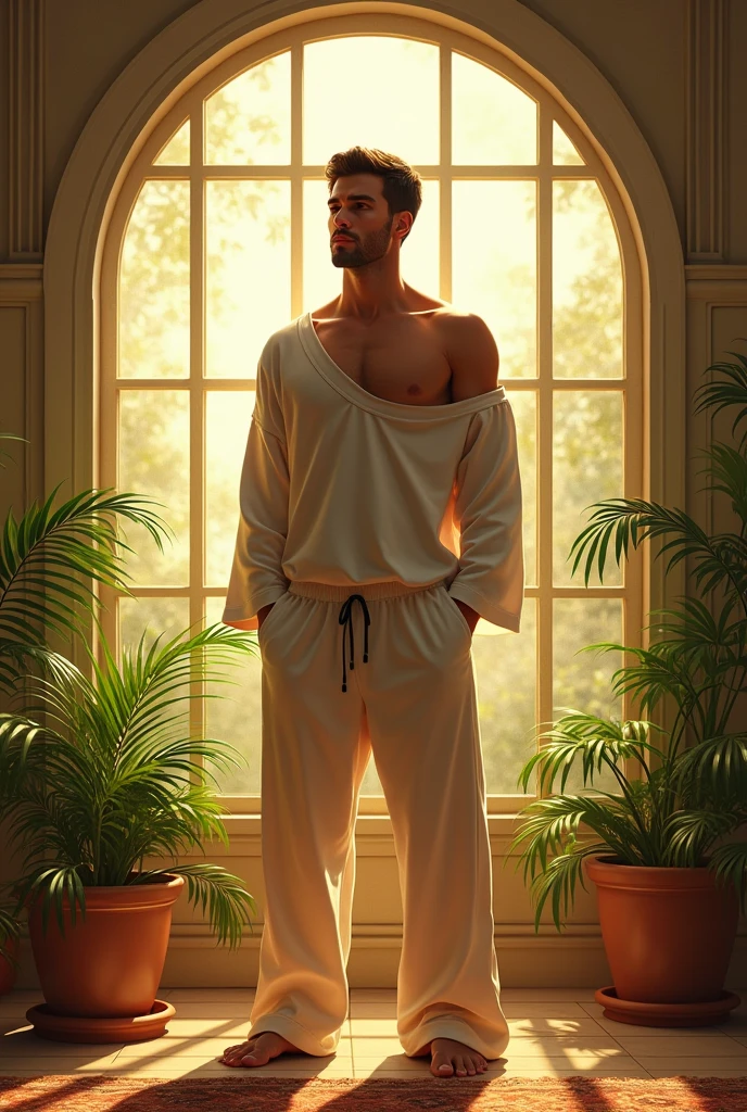 (photorealism:1.2), beautiful man, standing on road, wearing loose off-shoulder top, pajama pants, , indoors, soft lighting, plants in background, window with sunlight, cozy room, relaxed pose, realistic, intricate details, warm colors, by Greg Rutkowski, by Alphonse Mucha, raushan kumar singh name