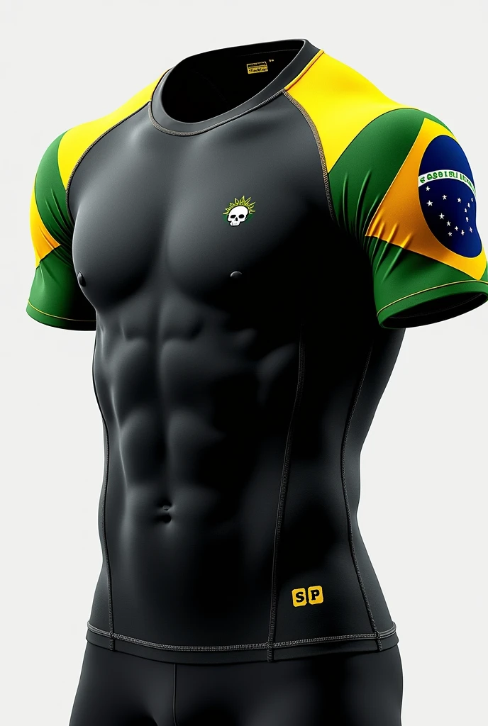 I would like to create a custom t-shirt in the style of compression shirts but with sleeves. I wanted one with the image of the Brazilian flag on the right sleeve and the flag of São Paulo on the left. I want you to put a small skull symbol on the chest. I didn&#39;t really like the Brazilian symbol. I want it smaller and printed all over the sleeve. I want more details on the shirt. 