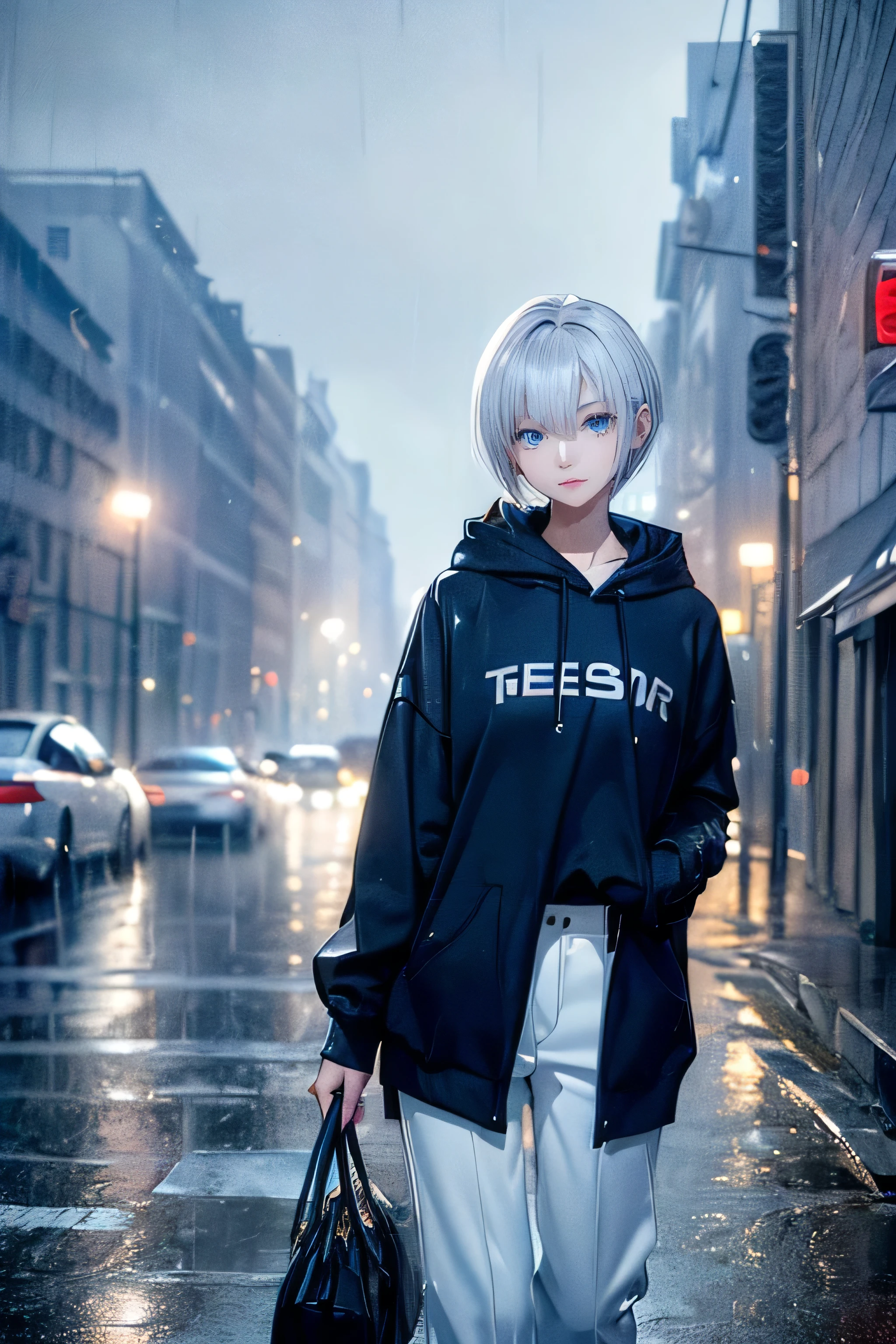 ((4K Works))、masterpiece、(Highest quality)、One beautiful girl、The body is slim、expensive、((Black Y-shirt and white pants、Charming street style))、Please put on a jacket.、Wearing a hood to hide his face、(Beautiful eyes in every detail)、Morning City、((Rainy Town))、Fashionable city with morning rain、During a walk、((Face similar to Carly Rae Jepsen))、((short-haired gray hair))、((Makes your face smaller))、((Neutral face))、((Bright Blue Eyes))、((American adult women))、((Adult female, 26 years old))、((Cool woman))、((Like a celebrity))、((A lonely look))、((Korean Makeup))、((elongated and sharp eyes))、((Happy Date))、((boyish))、((Upper body photo shoot))、Professional photos、((Model Photo))、((Shot alone))、((She is under the roof))、((Look up at the sky))、((Shooting from behind))、((She is looking upwards))、((Her eyes are looking up))、((Increase the angle of the face))、((She is walking in front of the viewer))