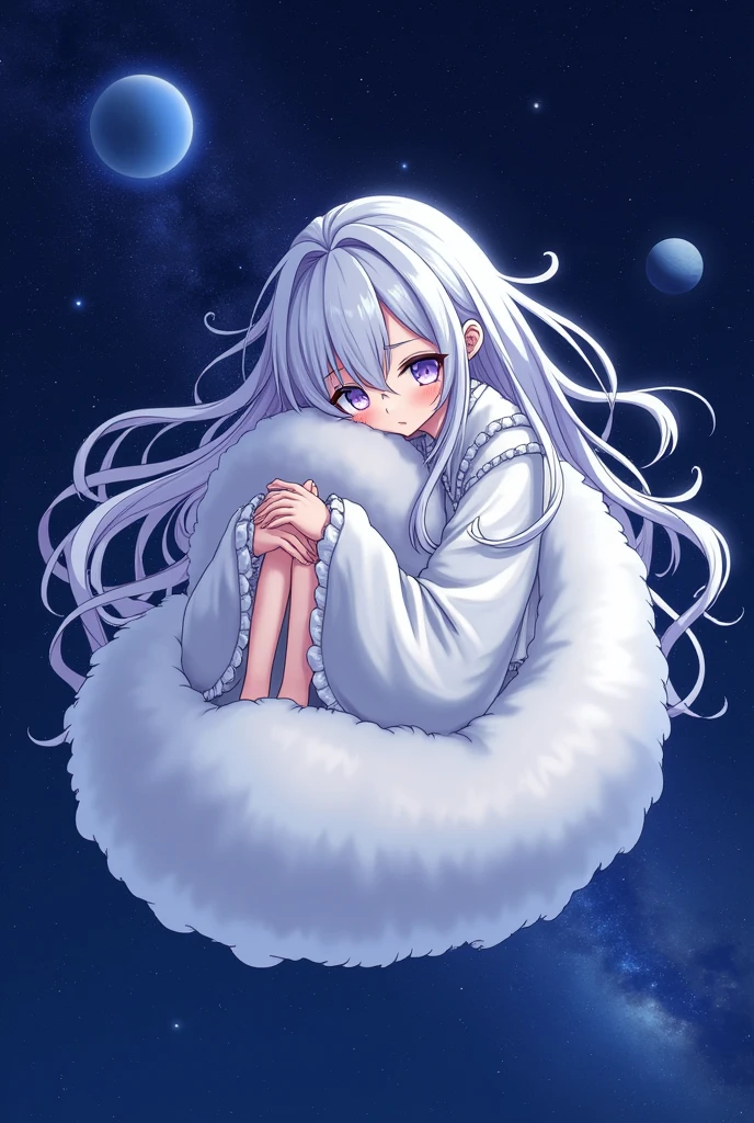 「The silver-haired Fenrir girl、Floating with outer space in the background、Please draw me sleeping curled up with my knees hugged。The girl&#39;s clothes and appearance remain the same.、Create a calm and tranquil anime style illustration.。Stars in the background々Or Galaxy、Place planets that are visible in the distance、Emphasize the vastness and silence of space。」