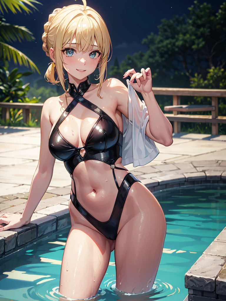 masterpiece, absurdres, (high quality), (detailed lighting), beautiful face, ultra detail, 8k wallpaper, young girl, saber_fatestaynightufotable,blonde hair, short hair, sidelocks, bangs, ahoge, single hair bun, french braid, lips, ass visible through thighs, swimsuit,bikini,navel, looking at viewer, wet, wet hair, soaking wet, outdoors, pool, midnight, solo, smiling at viewer, on side, water gun