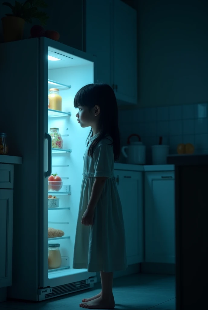 A girl opening fridge in the night in the kitchen