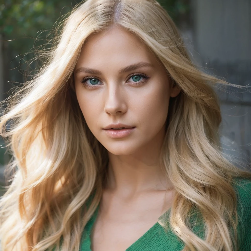 blonde woman with golden skin, green eyes, light makeup, wood, a coffee