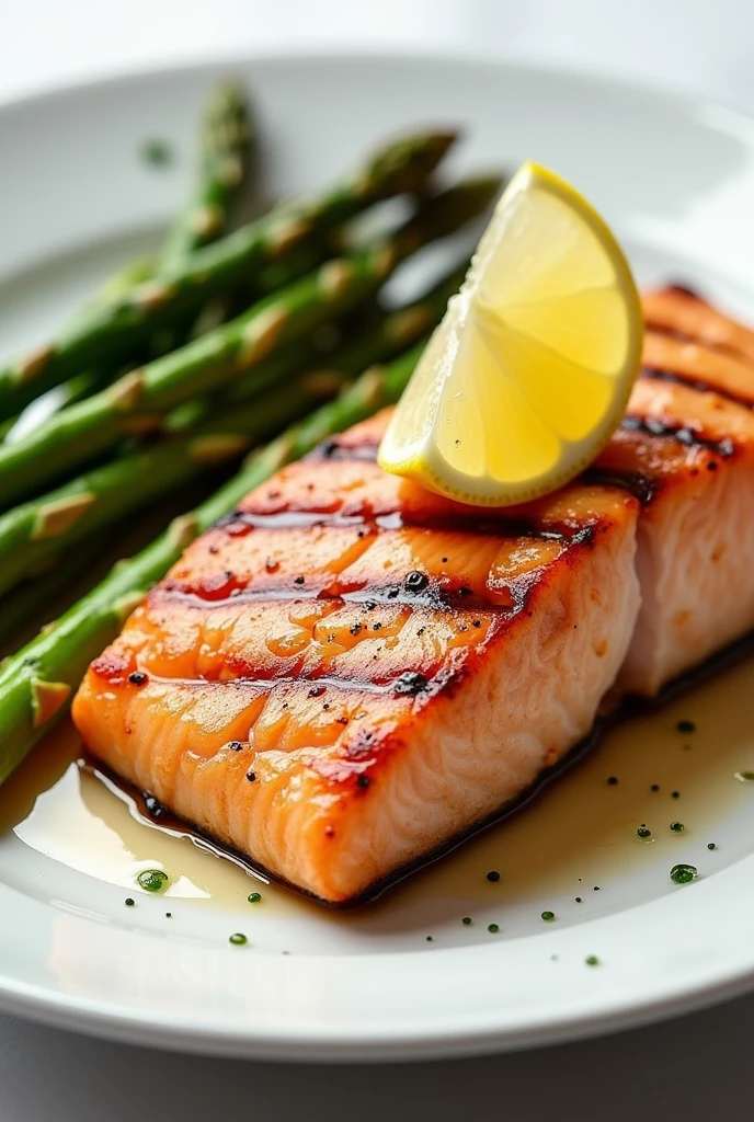 Can you generate Grilled salmon with a side of asparagus and lemon.