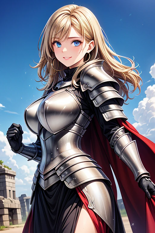 #Basics A girl is posing for a photo, (((One Girl))), (((Baby Face:1.4)) + ((cute:1.4)) + ((15 years old))), 
break 

#Clothing Accessories 
((Red Armor) : (female knight) + (Samurai Girl) + (breastplate) + (Gauntlet) + (Shoulder rest) + (Black Cape) + (Full Plate Armor) + (Long dress armor:1.4) + (Traditional Western Armor)), 
(Gold hoop earrings), 
break 

#Features 
((Blonde:1.2)) + ((Very long side bangs)) + ((short hair) : Long Hair + Curly hair + Voluminous Hair), 
((Droopy eyes:1.4, Big eyes:1.3), blue eyes), (Small breasts), (Neutral facial features), 
break 

#background environment 
((noon, Fantasy World Ancient Ruins, blue sky)), 
#Facial Expression Pose
((Wicked Smile)), ((Standing pose with hands lightly clenched, radiating strength)), 
#composition 
((To the camera), (Angle from the front), (Character Focus), (Cowboy Shot)), 
break 

#Body parts elements 
(Slim figure), 
(Symmetrical facial features), 
(Detailed Hair, Beautiful Hair, Shiny Hair), 
(double eyelid, Long eyelashes, Thin eyebrows:0.5, Thin eyebrows:0.5), 
(Expression of fine eyes, Beautiful and delicate eyes, Sparkling eyes, Eye Reflexes, Glitter Eyeliner), 
(Human Ear), 
(Beautiful Nose, Thin Nose), 
(Glossy Lips, Beautiful Lips, Thick lips), 
(Detailed skin, Textured skin, Beautiful Skin, Oily skin), 
break 

#quality 
(((最高quality)), ((masterpiece:1.3)), ((Very detailed))), ((Ultra-high resolution)), ((16K)), ((1080P)), ((Full HD)), 
((Anatomically correct)), ((Realistic)), (3DCG), ((Oil painting)), 
((comics, anime)), (CG illustration), (RAW Photos), 
