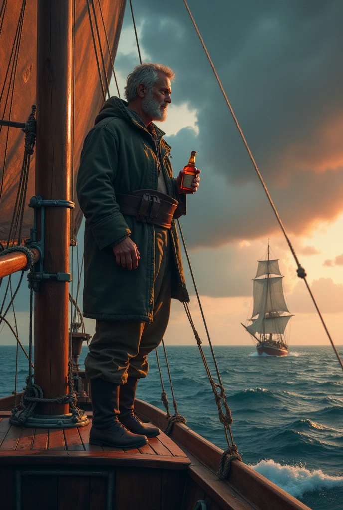 Man holding sail mast of a boat, gazing at the horizon, with a bottle of rum in his left hand, sea with low waves, dark sky with reddish tones