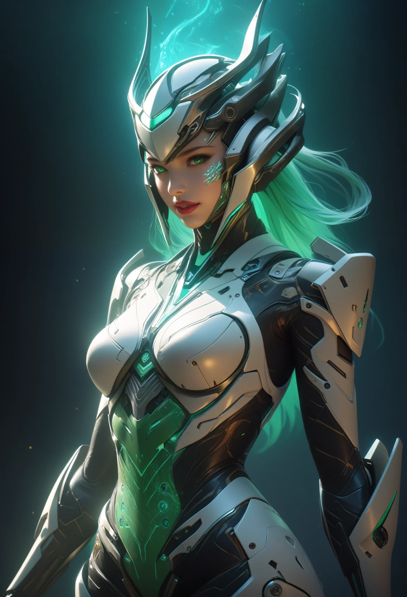 score_9, score_8_up, score_7_up, Wear green and white mechanical clothing, Wonders of the machine, cyber, Cybernetic Guardian, Futuristic Armor, whole body, Front pose, Symmetric, Complex (Steel Metal [rust]), joint, Warframe style, cyborg, Female body armor, (Best Quality, 4K, 8K, High Definition, Masterpiece:1.2), (Ultra Detailed, Realistic, Photorealistic:1.37), detailed fractal patterned skin, cute lips, Bioluminescence, dark aura