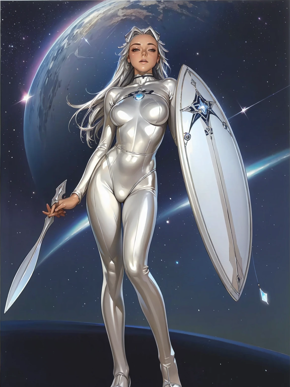 (((best final quality))), ssmile(((standing alone:1.2))),(((1 girl:1.2))),((((beautiful perfect woman)))),(((detailed perfect body, perfect finger detailed))), (((Silver Surfer girl))), Uma garota de corpo perfeito e pele of silver caminhando em uma praia de um planeta desconhecido, a large planet with a ring can be seen on the horizon, starry sky with a colorful nebula, pele 100% of silver, silver hair, segurando uma prancha de surfe of silver, shiny body, stunning visual, surreal image