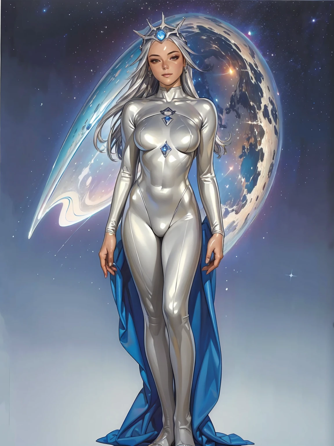 (((best final quality))), ssmile(((standing alone:1.2))),(((1 girl:1.2))),((((beautiful perfect woman)))),(((detailed perfect body, perfect finger detailed))), (((Silver Surfer girl))), Uma garota de corpo perfeito e pele of silver caminhando em uma praia de um planeta desconhecido, a large planet with a ring can be seen on the horizon, starry sky with a colorful nebula, pele 100% of silver, silver hair, segurando uma prancha de surfe of silver, shiny body, stunning visual, surreal image