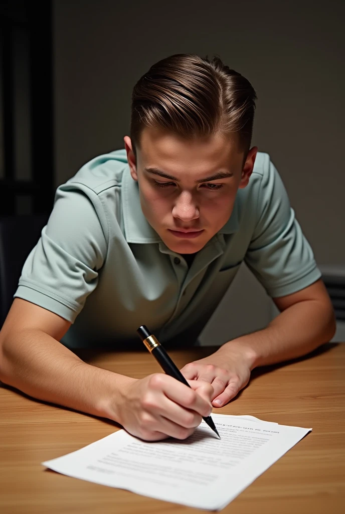 Creates a 17 year old Spanish football player with slicked back hair signing the football contract on the table