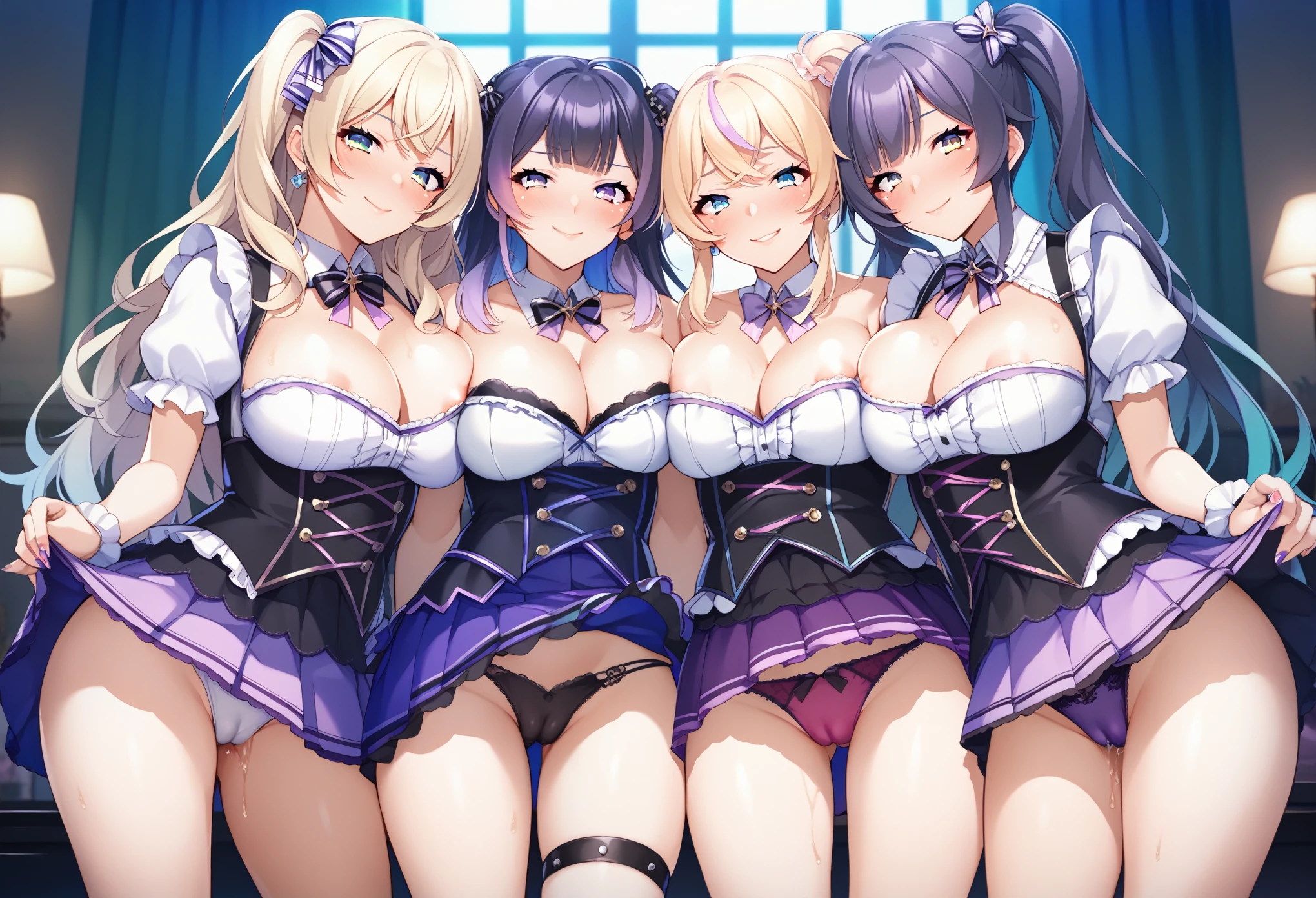 score_9, score_8_up, score_7_up, score_6_up, game_cg, source_anime, (4girls), idol unit, vtuber, virtual youtuber, multicolored hair, looking at viewer, blush, multiple girls, (idol costume), idol uniform, cleavage, indoors,  press, take your pick,  slip, (dim lighting), skirt lift, , dripping