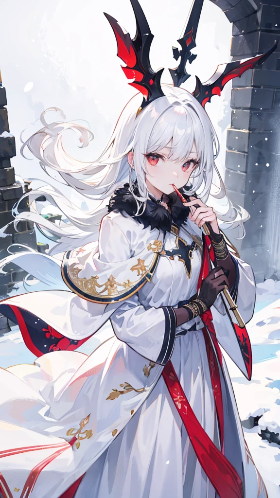 8K,masterpiece,perfect face, bright coloured,detailed,best quality,girl,white hair,long hair,red eyes,beautiful eyes,wearing a white dress,holding a flute,standing on top of a snow mountain,in a snowstorm while playing the flute