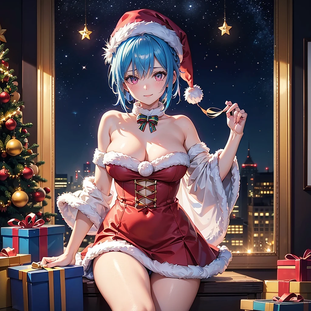 (Sky blue hair),(Braided short hair), (Pink Eyes),Fair skin) ,(whole body),(One Girl),(Gift boxes filling the background),(Santa Claus clothes),Cute smile,Santa Claus hat,(Christmas ),(masterpiece, Highest quality, Very detailed, Best Shadow), (Detailed Background), (Beautifully detailed face), High Contrast, (Best lighting, Very delicate and beautiful), ((Cinematic Light)), Hyper Detail,8k, Dramatic Light, Intricate details,night,Christmas tree